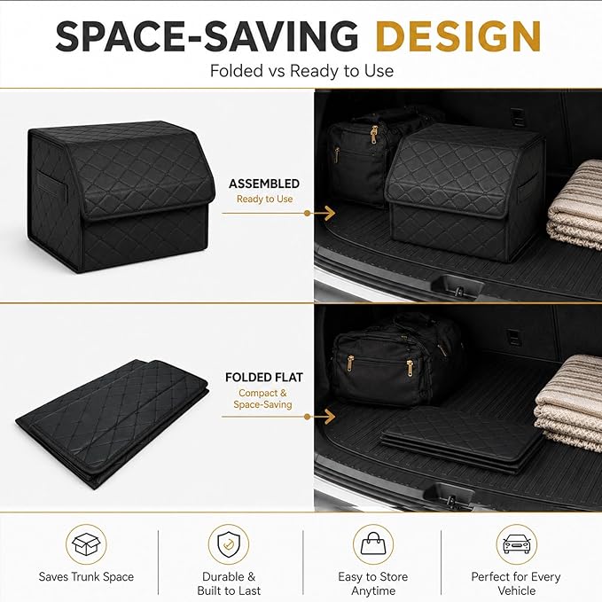 1Pack Leather Trunk Organizer for SUV & Sedans - Extra Large Foldable Car Storage Box with Lid, Adjustable Removable Dividers and Carry Handle, Collapsible Auto Cargo Organizer Black (1)