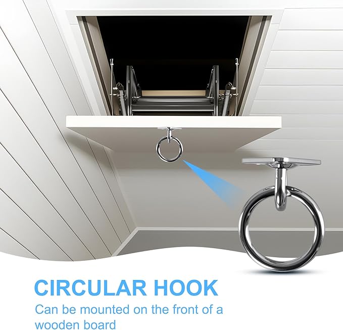 17"-35"Stainless Steel Telescopic Pole with Heavy-Duty Wall Mount Ring & Curved Hook for Attic Stair Pull Down System, Interchangeable Clothes Hook, Easy to Hang Garments, Flower Pots and Bird Feeders