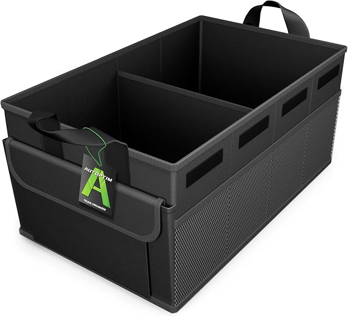 AUTOPTIM Car Trunk Organizer - 65L Collapsible Car Organizer with Non Slip Bottom & Multiple Pockets for Groceries, Trunk Storage with Base Panel for SUV Sedan Van, 2 Compartments (Black, Medium)