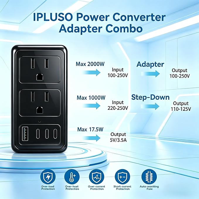 220V to 110V Voltage Converter US to Europe for Hair Dryer, Upgrade 2000W Power Converter for European Travel with Type C A G I, International Universal Travel Adapter with 1 USB A & 3 Type C (Black)