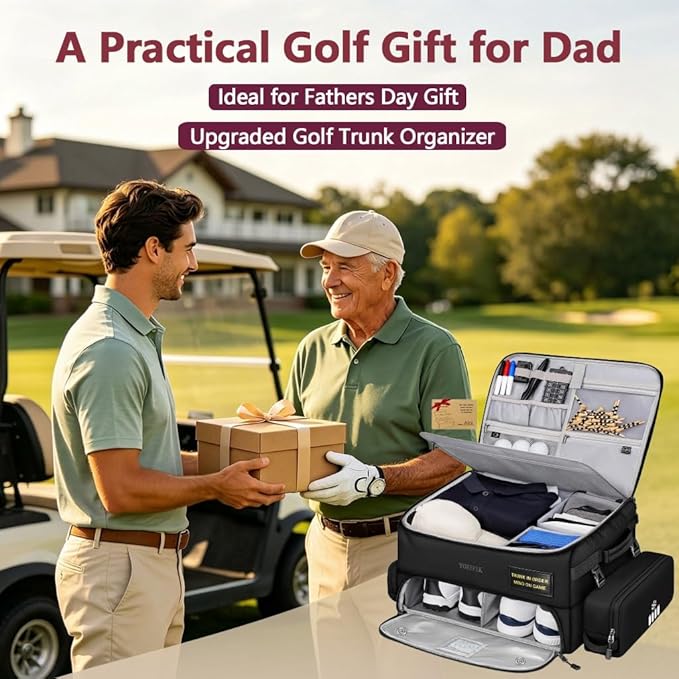 YOREPEK Upgraded Golf Trunk Organizer, Golf Gifts for Men, with Removable Insulated Pouch&Dust-Proof Protective Layer, Multi-Compartment fits 2 Pairs of Shoes, Golf Accessories