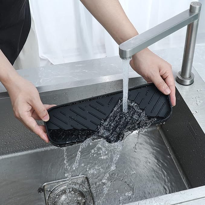 MicoYang Silicone Soap Dish with Drain Spout — Self-Draining Double Sink Organizer Tray for Kitchen & Bathroom, Dispensers, Sponges & Soap Holder, Non-Slip & Dishwasher Safe, Black (Large, 12"×4")