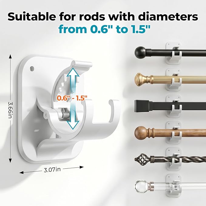 No Drill Curtain Rod Brackets - 20LB, 8 Pack Self Adhesive Curtain Rod Holder, Peel and Stick Wall Hooks, Renter Friendly Upgrades for Apartment, Kitchen, Bathroom, Dorm, Living Room and RV
