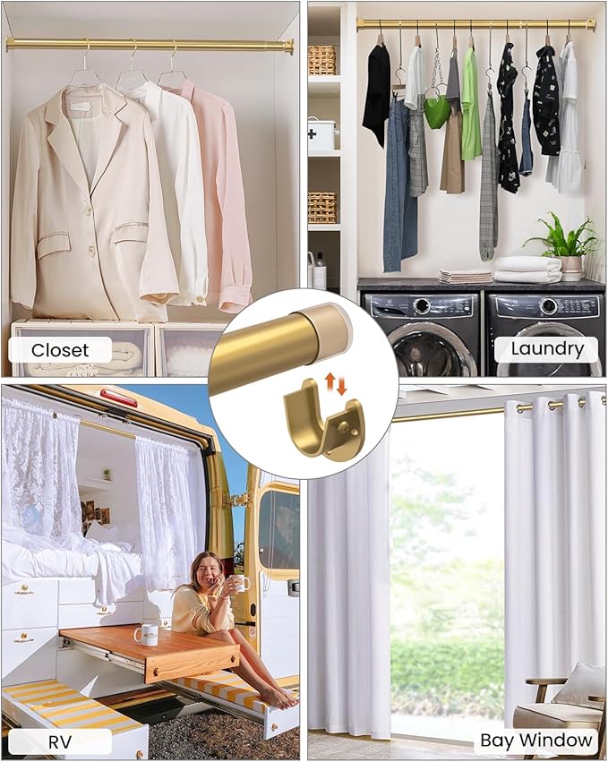2 Pack Closet Rods for Hanging Clothes, 17 to 28 Inches Stepless Adjustable Metal Closet Rod, 1.3 Inches Heavy Duty Clothes Hanging Rod for Closet Wardrobes Laundry RV, Golden
