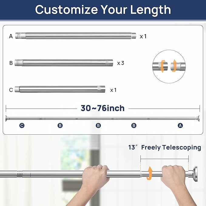 ENJOYBASICS Shower Curtain Rod 33 to 72 Inches, 1 Inch Stainless Steel Adjustable Spring Tension Rods No Drill for Bathroom, Closet, Window, Room Divider, Never Rust, Non Slip, Chrome