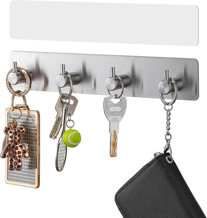 Key Holder with 4 Hooks,Key Hanger Organizer for Wall Mount with 2 Self-Adhesive Tapes,Metal Key Rack for Entryway, Door, Bathroom, Kitchen(Silver)