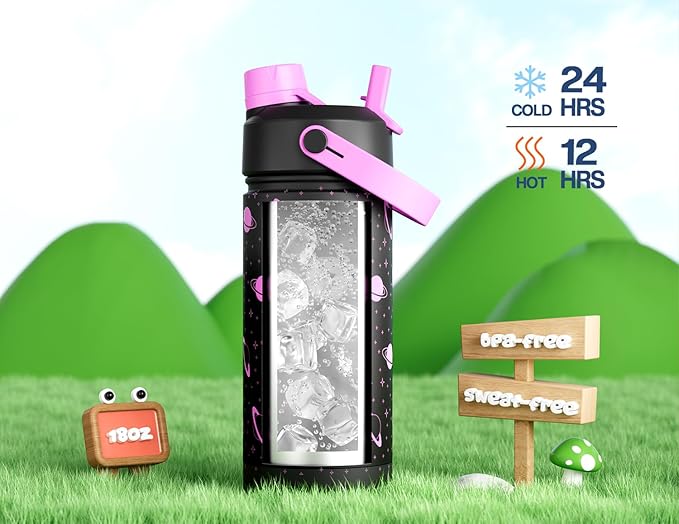 18 oz Kids Insulated Water Bottle: Glow-in-the-Dark, 2-in-1 Straw Spout Lid, Leakproof, BPA-Free, Keep Cold 24H, Stainless Steel Cup for School, Party, Travel, Holiday, Gift (Magic Glow Planet)