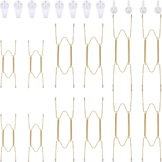 Hotop 12 Pieces Plate Hangers for Wall Stainless Steel Wire Invisible Plate Hangers Heavy Duty Display Holders with 12 Pieces Hooks for Wall Decoration(6/8/10 Inch,Gold)