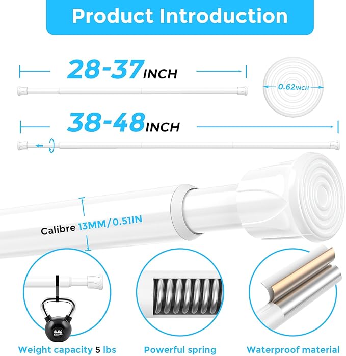 AIZESI 6PCS White Spring Curtain Rods 28 to 48 Inch Adjustable Short Curtain Rods No Drilling Small Tension Rods for Windows Closet