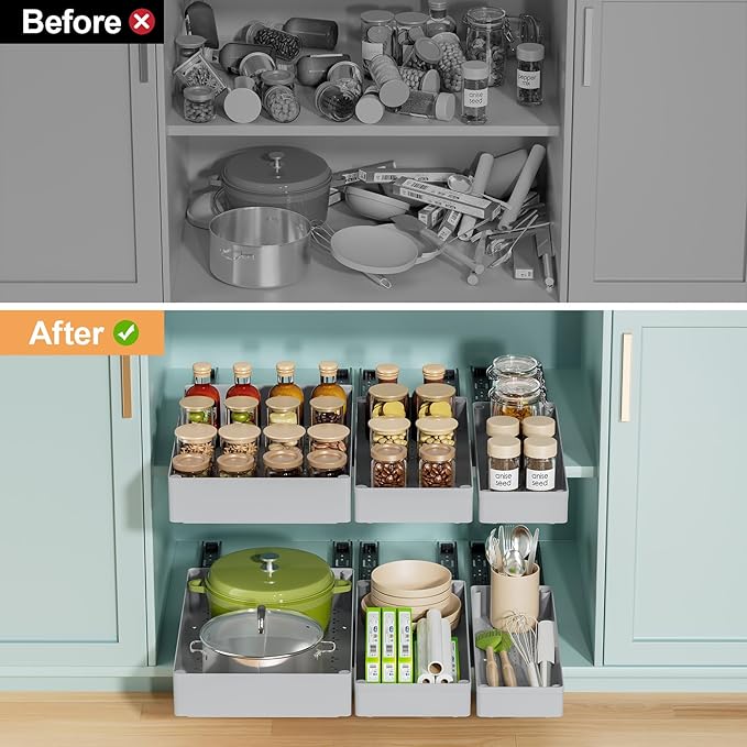 Delamu 3 Pack Pull Out Cabinet Organizer, 15.7" Deep Pull Out Drawers for Cabinets, Slide Out Drawers for Kitchen Cabinets, Bathroom Cabinet Organizer, Pantry (Grey)