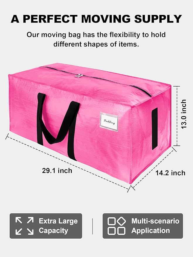 HOMESURE Supports 200lbs Heavy Duty Moving Bags - Strong Zipper & Wrap-Around Handles - Water-Resistant Storage Totes, Durable Alternative to Moving Boxes - 4 Pack - Pink