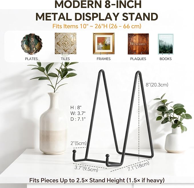 Artliving Metal Plate Stands for Display - 8-Inch Tabletop Holder for Decorative Plates, Picture Frames, Cookbooks, Plaques - Black Iron Display Easels - 2 Pack