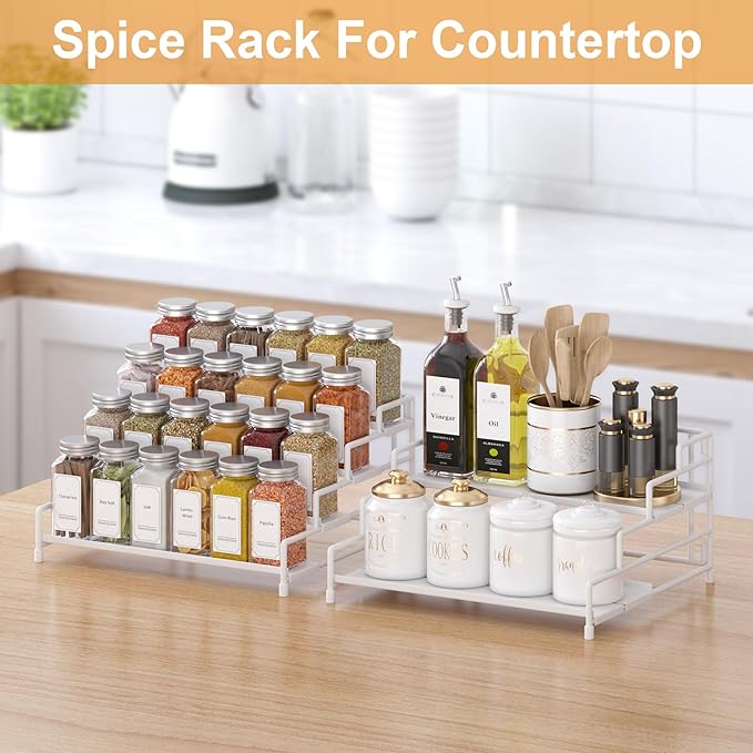 4-Tier-Spice-Rack-Organizer-for-Cabinet, Adjustable Depth Spice Holder Shelf For Countertop Pantry Cupboard, Metal Tiered Seasoning Organizer,Display Shelf Riser (White-2 Pack)