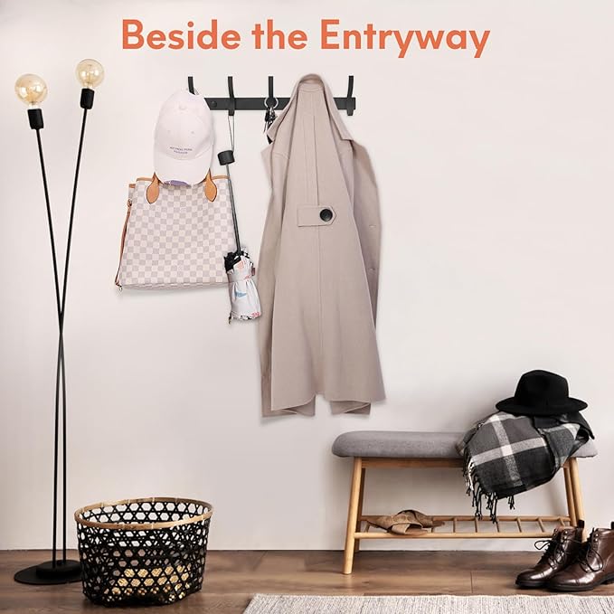 Optish Coat Rack Wall Mount, Coat Hook Wall Mount, Wall Hooks for Hanging, Hat Rack for Walls, Coats Hanger with 10 Hook, Towel Hooks for Bathrooms (2 Pack, Black)