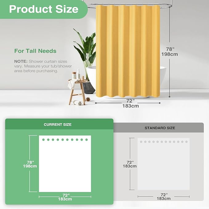 Dynamene Long Fabric Shower Curtain - 78 inch Long Waffle Weave Weighted Cloth Shower Curtains for Bathroom, Neutral Heavy Duty Hotel Spa Luxury Bath Curtain Set with 12 Hooks, 72x78, Gold