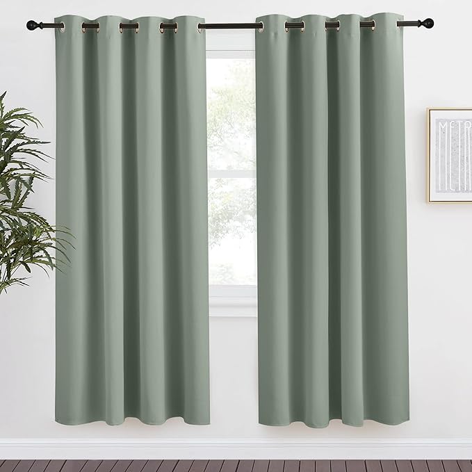 NICETOWN Blackout Greyish Green Curtain 78 inch Length for Bedroom, W55 x L78, 1 Panel, Thermal Insulated Grommet Room Darkening Window Drape Sound Dampening for Living Room