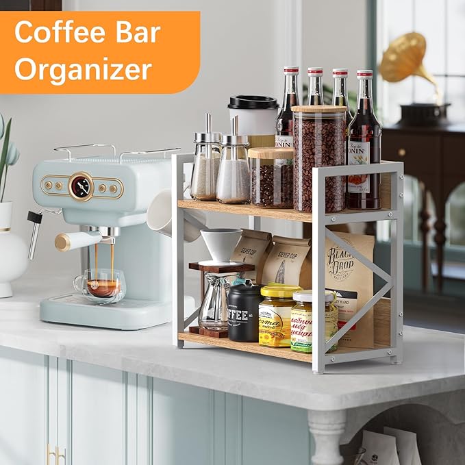 Kitchen-Countertop-Organizer-Shelf, 2 Tier Coffee Bar Station Organizer for Counter,Wooden Spice Rack Shelf, Space Saving Desk Shelving Riser Unit, Coffee Bar Accessories (Maple, Large)