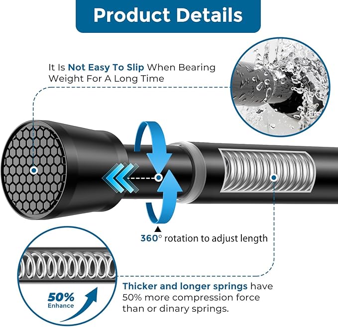 AIZESI Tension Curtain Rod for Windows 28 to 48 Inch No Drilling Adjustable Expandable Spring Loaded Curtain Rod, 7/8" Diameter Never Rust, Small Shower Rod for Bathroom, Doorway, Closet, Black
