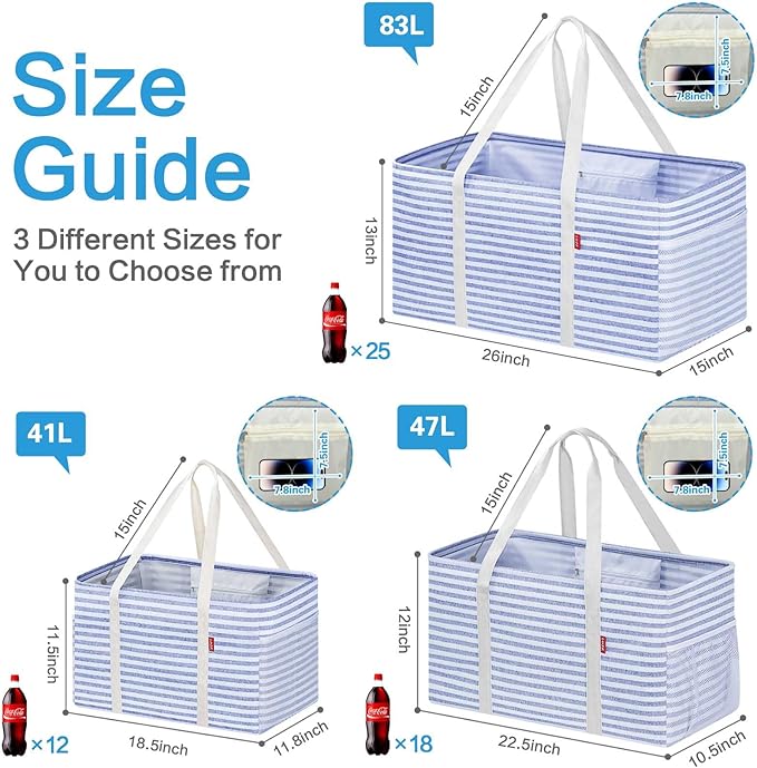 LHZK Standing Utility Tote Bag with Metal Wire Frame and the Sides Rinforced, Large Tote Bag with Handle, Reusable Grocery Bags Foldable, Beach Bag, Car Tote (Blue, 18.5''x11.8''x11.5'') | Metal Wire Frame