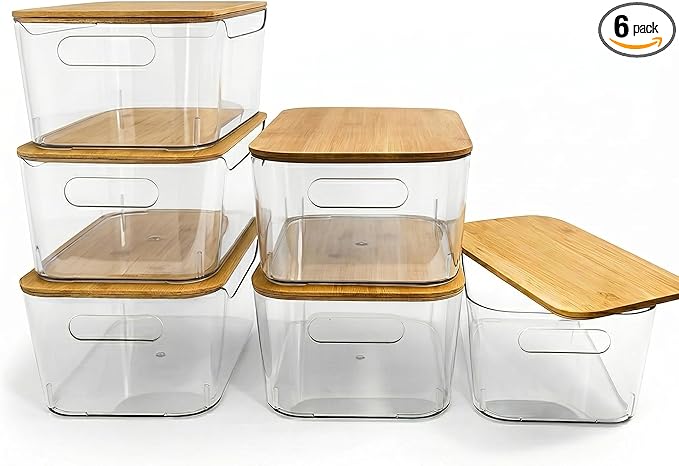 CiWiVOKi 6 Pack Clear Storage Bins with Bamboo Lids - Stackable Pantry Organization and Storage Containers with Handles - 3.7L Large BPA-Free Plastic Organizer for Kitchen, Fridge, Bathroom & Closet