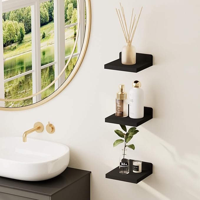 QsQueen Small Floating Shelves Mini Shelves Hanging Display 5 Inch Wall Shelf for Bathroom Livingroom Bedroom,3 Pack, with 2 Types of Installation, Great for Room Decor