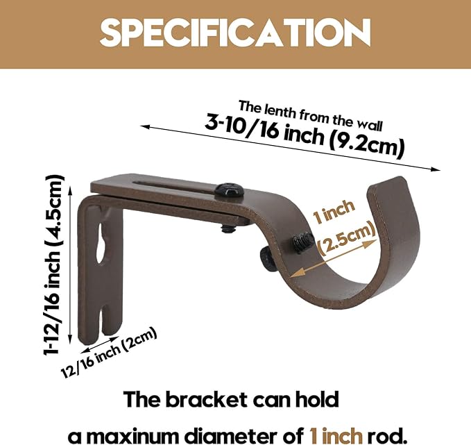 AddGrace Adjustable Curtain Rod Bracket Fits up to 1 inch Curtain Rod Sturdy Premium Brackets for Wall Set of 2 Brown