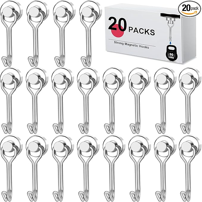 LOVIMAG Hooks, 30lbs+ Magnetic Magnet Hook 2025 Cruise Cabin Ship Essentials Heavy Duty Strong Refrigerator Fridge Hanging for Classroom Beach Vacation Kitchen Grills Home Mug Hanger (20 Pack), Silver