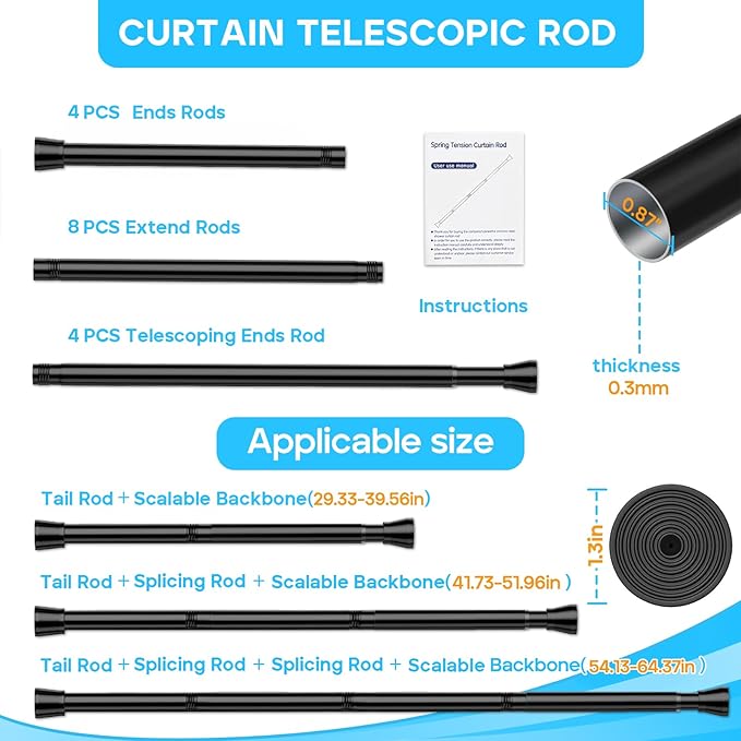 4 Pack Black Shower Curtain Rod 30 To 64 Inch Black Shower Tension Rod 7/8" Adjustable Curtain Rod No Drilling Spring Tension Curtain Rod Shower Rods for Bathroom Windows Doorways Closet