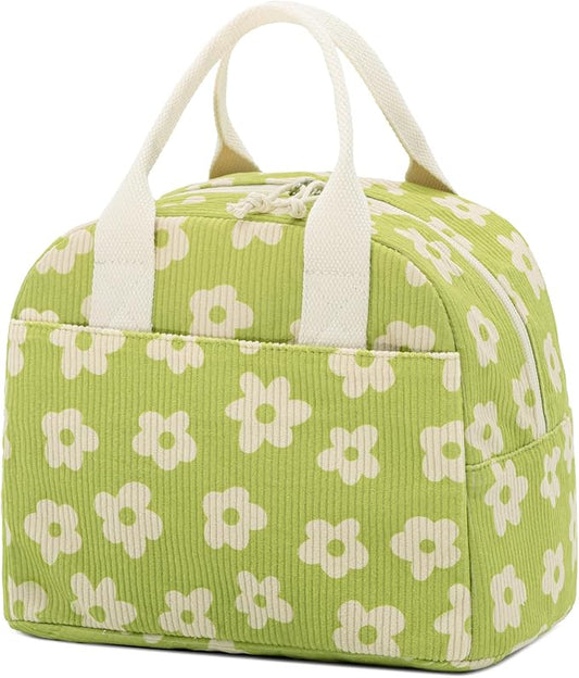 LOVELYWIND Insulated Floral Lunch Bag for Women, Stylish Corduroy Tote with Aluminum Lining, Large Capacity Reusable Cooler for Work, Travel, Beach or Picnic, Creamy Floral Water-Resistant Lunch Box