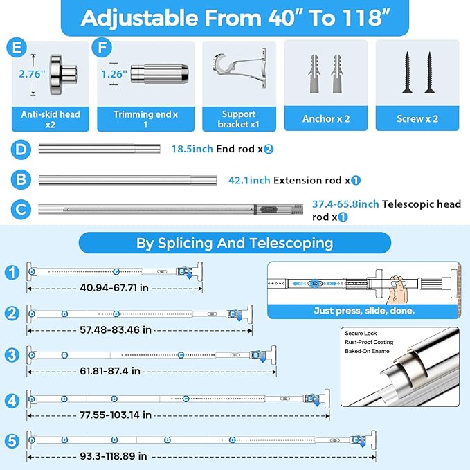 AIZESI 41-118 Inch Heavy Duty Silver Tension Curtain Rod - No Drilling, Adjustable, Rust-Proof for Outdoor, Living Room, Bathroom