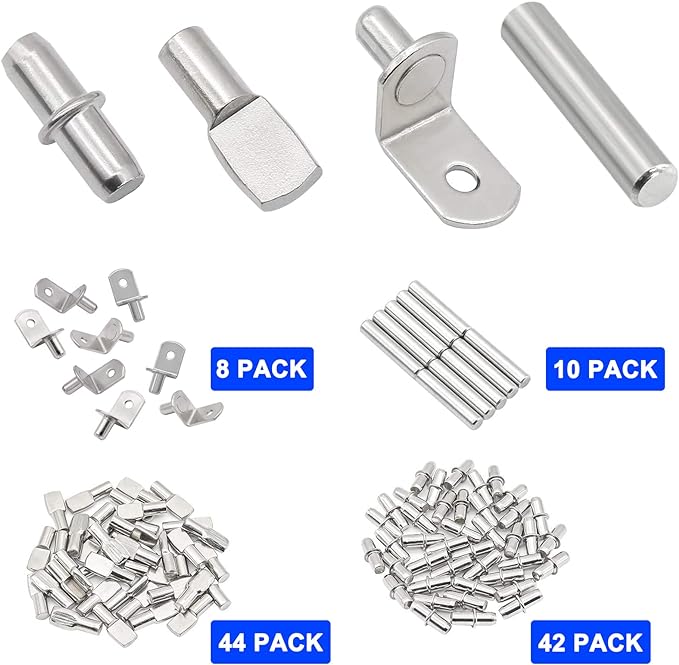 104Pcs Shelf Pins Kit,4 Styles Nickel Plated Shelf Support Pegs,Bookshelf Pegs for Shelves,Cabinet Shelf Bracket Pegs Shelf Pins Holders for Kitchen Furniture & Closet ( 5mm & 1/4inch )