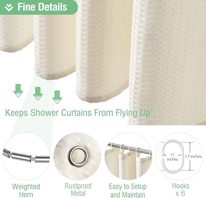 Dynamene Stall Ivory Fabric Shower Curtain - Waffle Textured Small Heavy Duty Cloth Shower Curtains for Bathroom, 256GSM Narrow Hotel Luxury Bath Curtain Set with 6 Plastic Hooks(36Wx72H,Cream/Ivory)