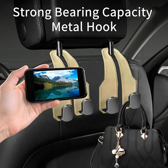 Car Seat Headrest Hooks for Purses and Bags, 2 Pack Bag Purse Holder for Car with Double Metal Hooks, Car Purse Hanger, Headrest Back Seat Handbags Hook Cute Hanging Accessories, Beige
