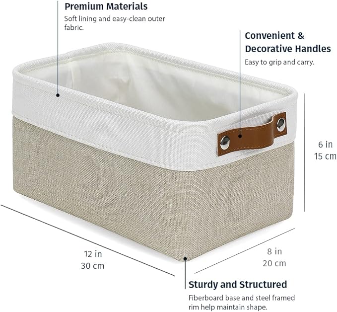 OrganiHaus Small Fabric Storage Baskets 6 Pack, 12x8in Cloth Storage Bins for Shelves, Small Baskets for Organizing Bathroom Pantry Closet, Canvas Shelf Baskets, Beige/Off-White