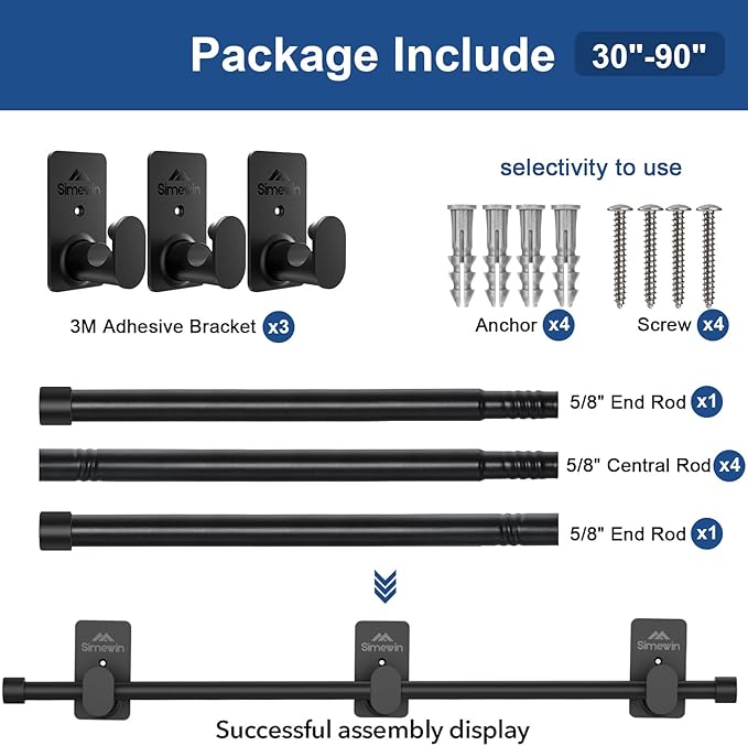 SIMEWIN Curtain Rods No Drilling for Windows 30 to 90 Inches, 5/8 Inch Diameter No Drill Small Curtain Rod Set with 3M Adhesive Brackets, Black