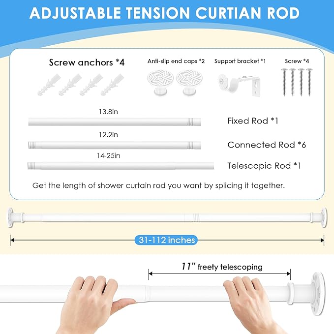 Long Tension Curtain Rod 31-112 inch White Shower Curtain Rods for Adjustable Outdoor Curtain Rods for Windows Spring Rod No Drilling Or Screw Mount Install Non Slip, No Rust
