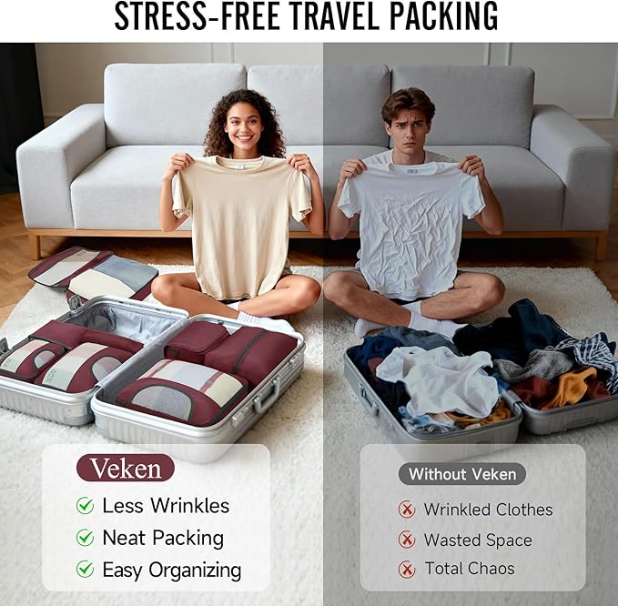 Veken 8 Set Packing Cubes for Travel Essentials, Gifts for women, Suitcase Organizer Bags in 4 Sizes, Carry-On Luggage Accessories with Large Laundry & Shoes Bag, Must-Have for Airplane