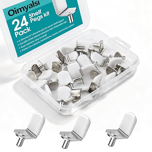 24 Pack Shelf Pegs 1/4 Inch (6.35mm) with Storage Box, L-Shaped Pins with Anti-Slip Caps, Heavy Duty Replacement for Kitchen Pantry, Bookshelf, Glass Shelves & US-Standard Cabinets