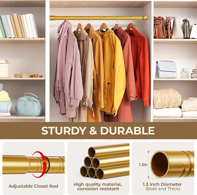 Mavivegue Closet Rod, 17 to 99 Inch Gold Adjustable Closet Rods for Hanging Clothes, Hanging Rod for Closet Wardrobes Laundry RV, Bathroom