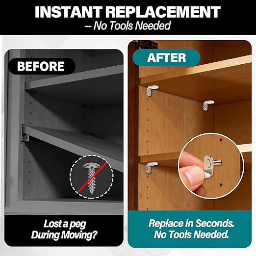 24 Pack Shelf Pegs 1/4 Inch (6.35mm) with Storage Box, L-Shaped Pins with Anti-Slip Caps, Heavy Duty Replacement for Kitchen Pantry, Bookshelf, Glass Shelves & US-Standard Cabinets
