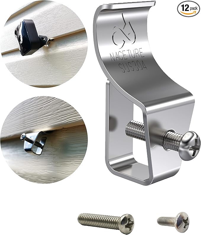 Vinyl Siding Hooks (12 Pack) - Heavy Duty No-Hole Needed Screws, Stainless Steel Hanger for Mounting Home Security Camera, Porch Decor