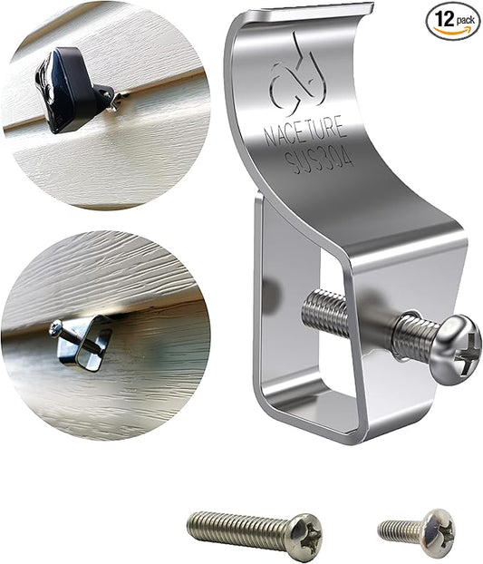Vinyl Siding Hooks (12 Pack) - Heavy Duty No-Hole Needed Screws, Stainless Steel Hanger for Mounting Home Security Camera, Porch Decor
