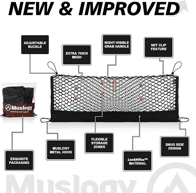 Muslogy Truck Bed Cargo Net Trunk Netting Compatible with Honda Pilot 2023-2026 | 2026+ Passport Accessories, Pickup Cargo Organizer SUV Sedan Storage Net w/Heavy Duty Carabiners