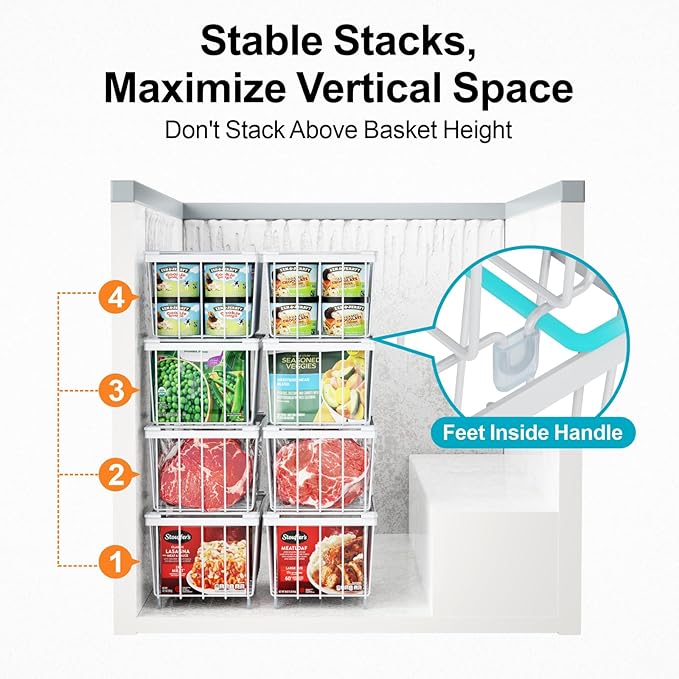 iSPECLE Freezer Organizer Bins - Fits 7 Cu.Ft Chest Freezer, 4 Pack Stackable Wire Baskets(14.7" Length), Heavy Duty Coated Deep Freezer Organizer, Rust Resistant for Frozen Food Sorting, White