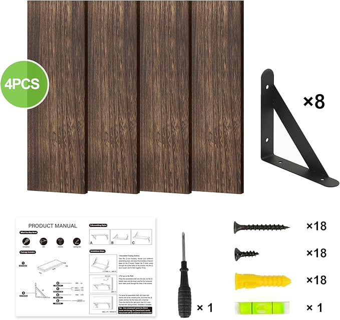 Fixwal Floating Shelves for Wall, Wood Wall Mounted Shelves for Bedroom, Bathroom, Living Room, Kitchen Storage and Decor(Brown, Set of 4, 16.5 Inch)