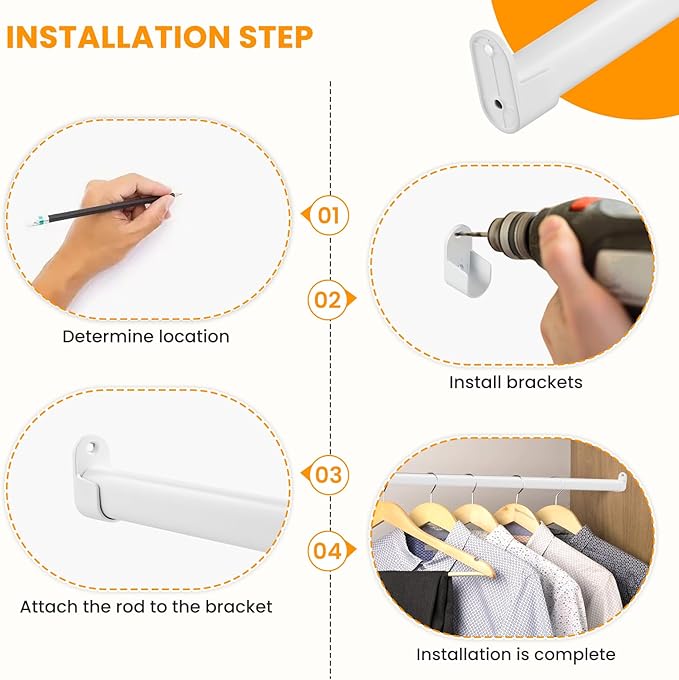 Oval Closet Rod for Hanging Clothes 18 to 52 Inch Adjustable with Snap Fasteners Heavy Duty 1 inch Diameter With End Supports White Poles Bar Closet Rod Expandable for Wardrobes