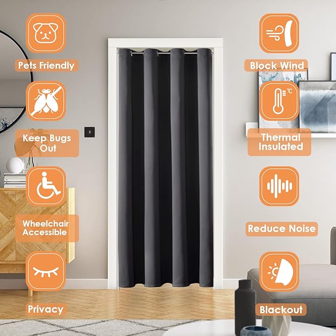 ChrisDowa Blackout Door Curtains for Doorway Privacy, Grommet Closet Curtains for Bedroom Closet Door, Thermal Insulated Temporary Doorway Cover Room Divider Drapes (1 Panel, Dark Grey, 34 x 80 Inch)