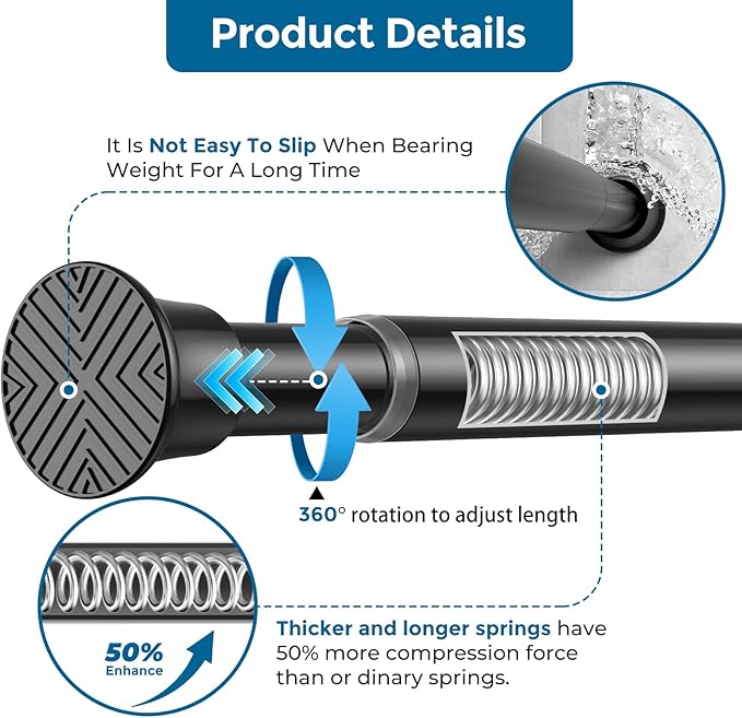 AIZESI Black Adjustable Tension Curtain Rod, 31-63 Inch Spring No Drill Stainless Steel Shower Rods for Bathroom，Closet ，Window–Rust Resistant，Non-Slip