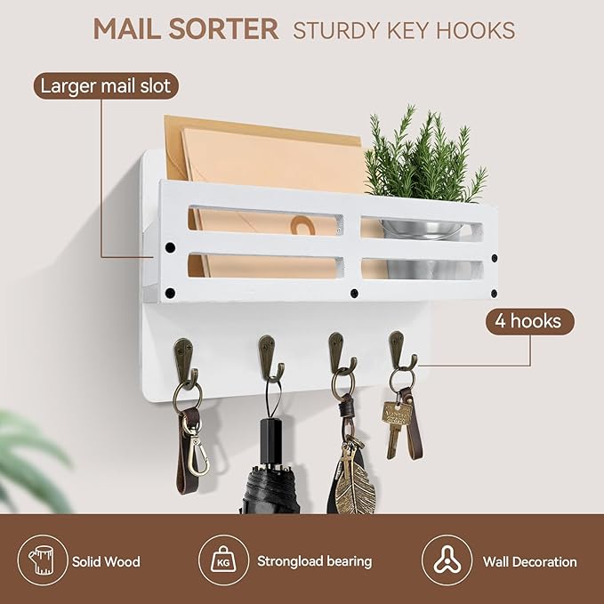 Key Holder Wall Mount Farmhouse Key Hooks for Wall with Mail Organizer Decorative Key Rack with 4 Sturdy Hooks for Dog Leash, Sunglasses, Rustic, Paulownia Key Hanger for Entryway