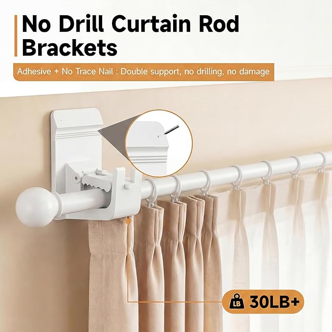 Universal Heavy Duty Curtain Rod Brackets, No Drill Curtain Rod Brackets with Adhesive & Invisible Nail, 30+LB Load Curtain Rod Holders, Damage Free Curtain Rod Hooks for Wall, Bathroom, Kitchen 8PC